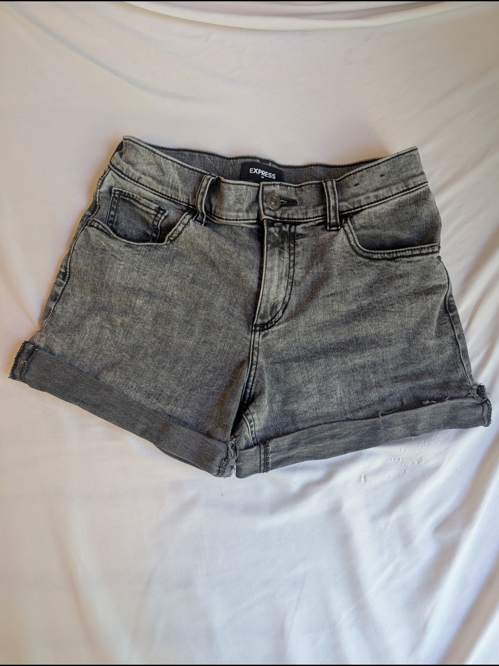 Express Acid Washed Gray Roll-Cuff Denim Shorts